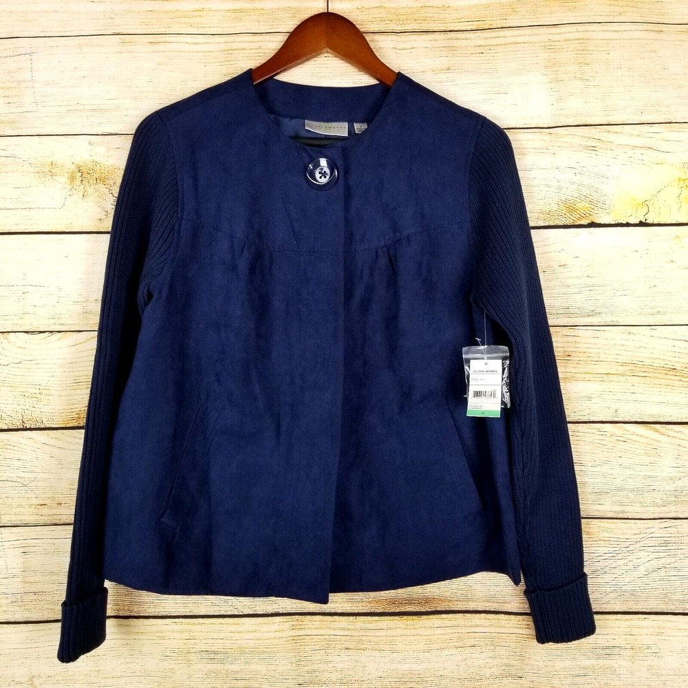 Studio Works Jacket Womens Size 8 Dark Blue Navy Faux Suede Knit Sleeves NWT